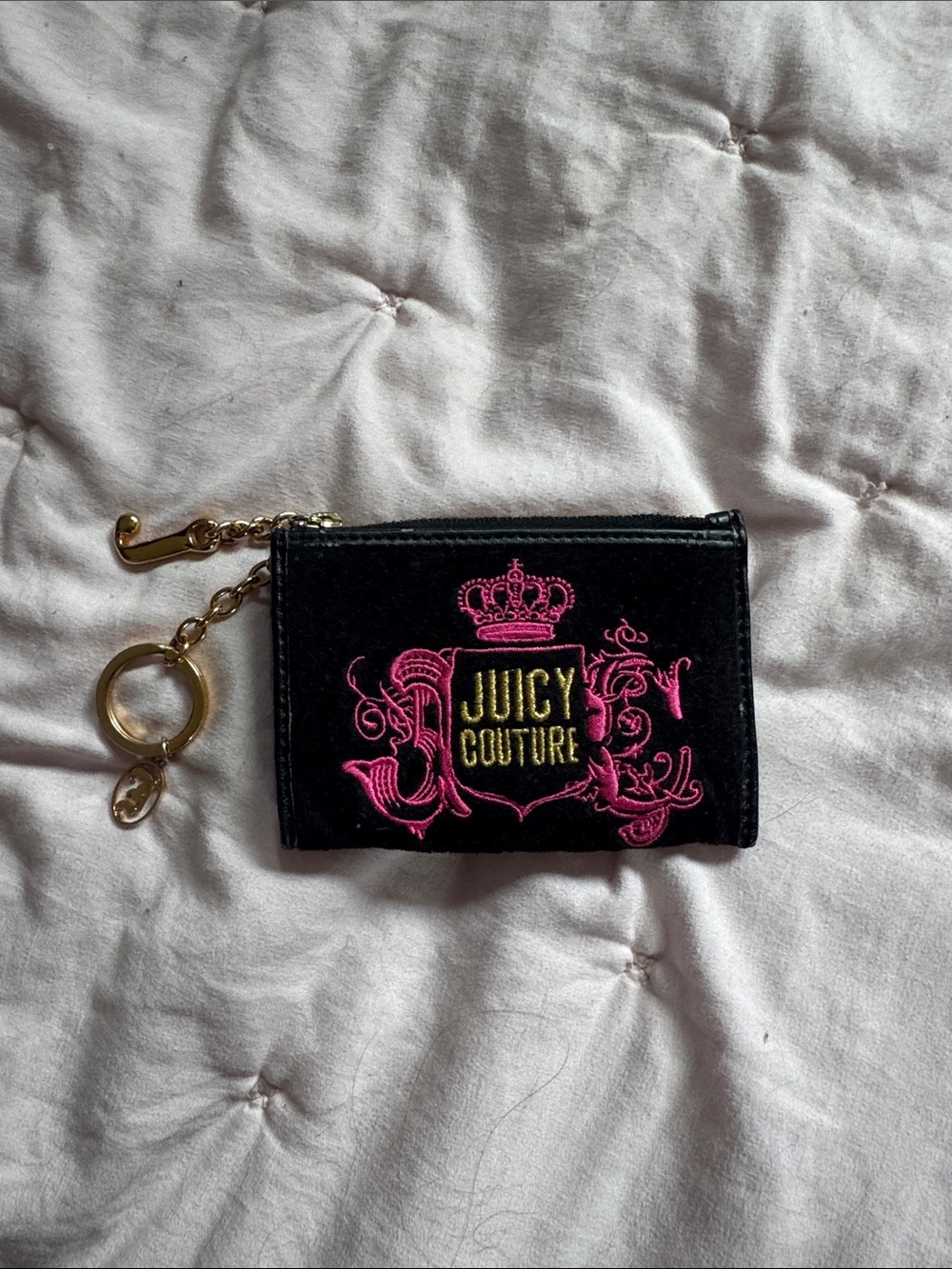 Juicy Couture Black Velvet Card Case with Pink Crest and Gold Logo